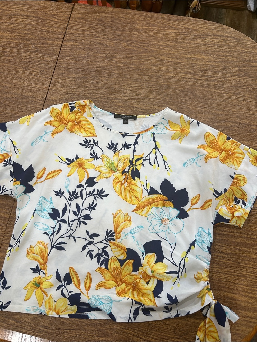 Marc New York White Floral Short-Sleeve Blouse with Yellow & Navy Print